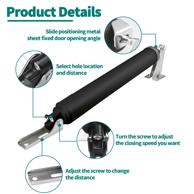 OXDFK 2 PCS Screen and Storm Door Closer Kit, Heavy Duty Pneumatic Screen and Storm Door Closer, Screen and Storm Door Push Button Latch Set Replacement Kit, Adjust Smooth Closing Speed (Black) - Image 3
